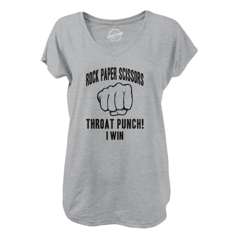Womens Rock Paper Scissors Throat Punch V-Neck Funny Sarcastic Humor Novelty Shirt For Ladies Funny Shirts for Women Funny Sarcastic Women's Novelty Tees Light Grey