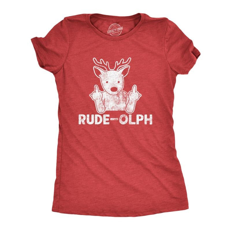 Womens Rude-olph T Shirt Funny Christmas Rudolph The Reindeer Middle Finger Tee Funny Womens T Shirts Cute Slimming Top Comfortable Soft Womenswear Christmas Tops for Women Women's Novelty Tees Red
