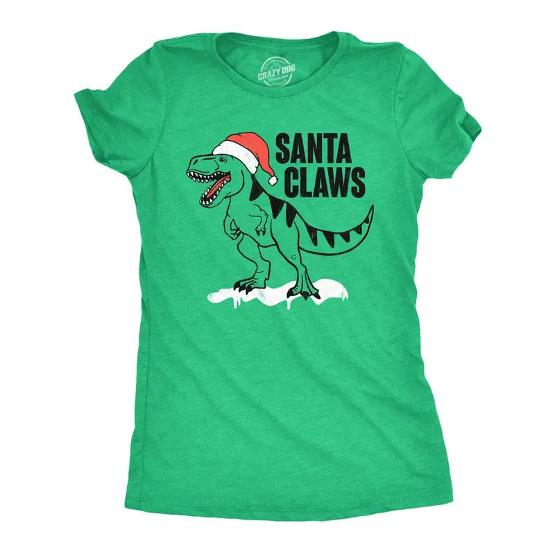 Womens Santa Claws T Shirt Funny Xmas Dino T Rex Joke Tee For Ladies Funny Womens T Shirts Cute Slimming Top Comfortable Soft Womenswear Christmas Tops for Women Funny Dinosaur Top Women's Novelty Green -