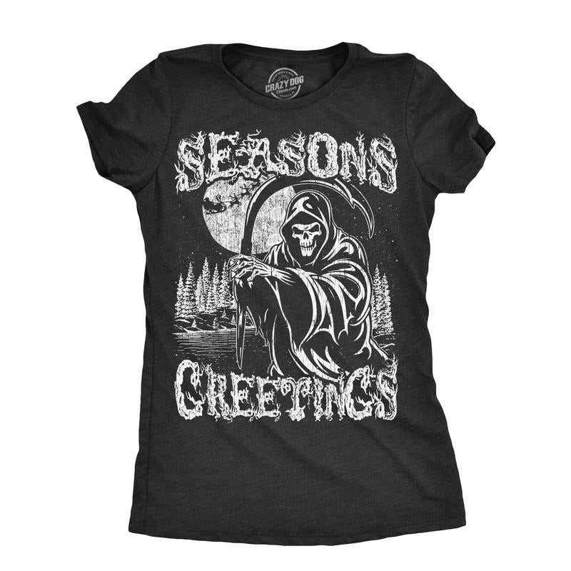 Womens Seasons Greetings T Shirt Funny Xmas Scary Grim Reaper Joke Tee For Ladies Funny Womens T Shirts Cute Slimming Top Comfortable Soft Womenswear Christmas T Shirt for Women Funny Sarcastic T Black -