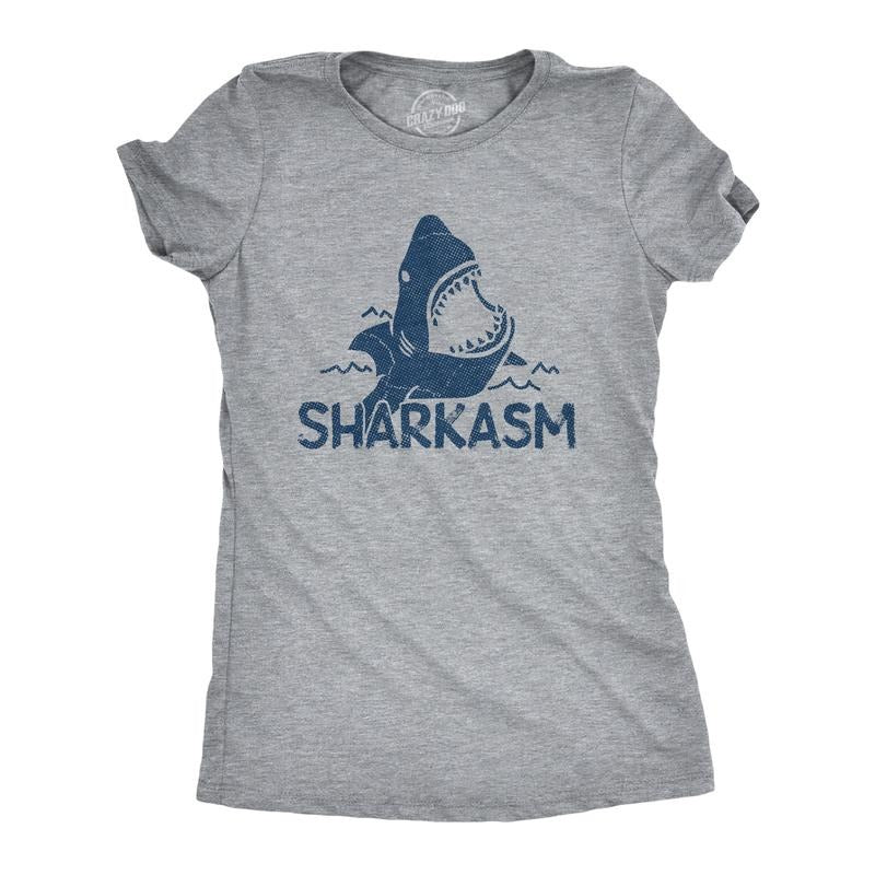 Womens Sharkasm T Shirt Funny Sarcastic Shark Summer Vacation Graphic Novelty Tee Funny Womens T Shirts Cute Slimming Top Comfortable Soft Womenswear Shark Tops for Women Funny Sarcastic Top Women's Light Grey