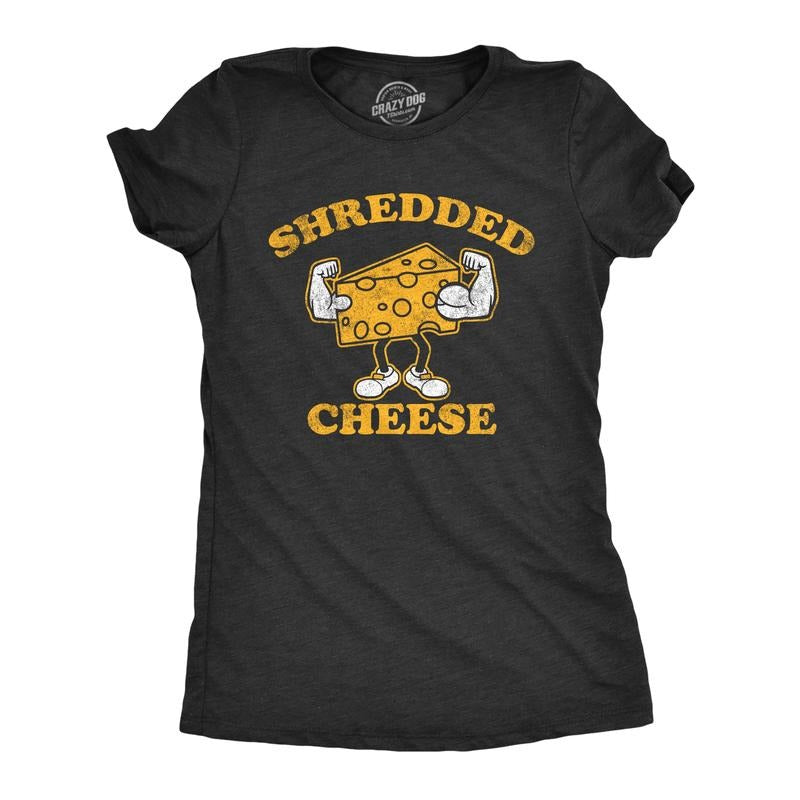 Womens Shredded Cheese T Shirt Funny Cheesy Buff Workout Joke Tee for Ladies Funny Womens T Shirts Cute Slimming Top Comfortable Soft Black -