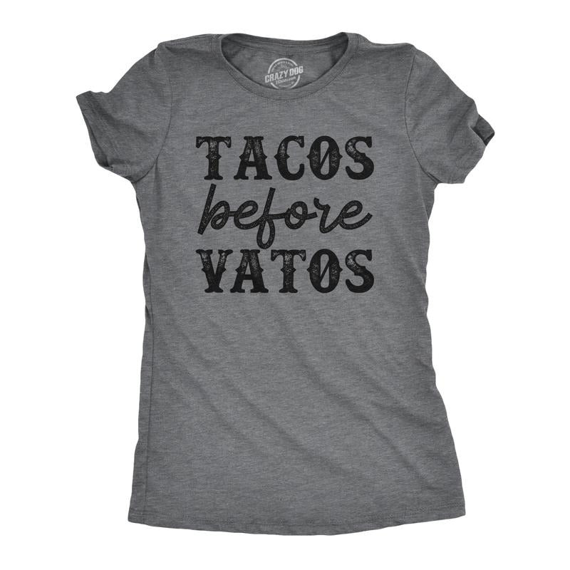 Womens Tacos Before Vatos T Shirt Funny Mexican Food Lovers Joke Tee For Ladies Funny Womens T Shirts Cute Slimming Top Comfortable Soft Womenswear Sarcastic Tops for Women Funny Food Top Women's Dark Grey