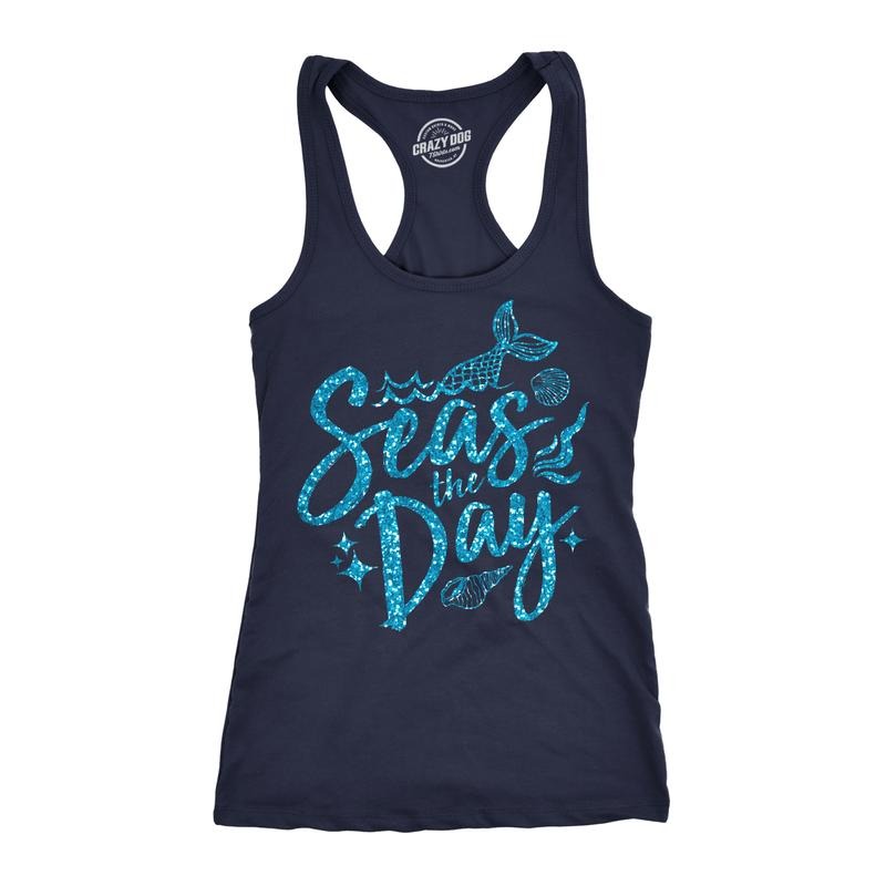 Womens Tank Seas The Day Tanktop Cute Mermaid Summer Tee For Ladies Glitter Print Funny Racerback Tank Cute Slimming Tank tops comfortable soft top Funny Summer Sleeveless Tee Novelty Tank Tops for Navy
