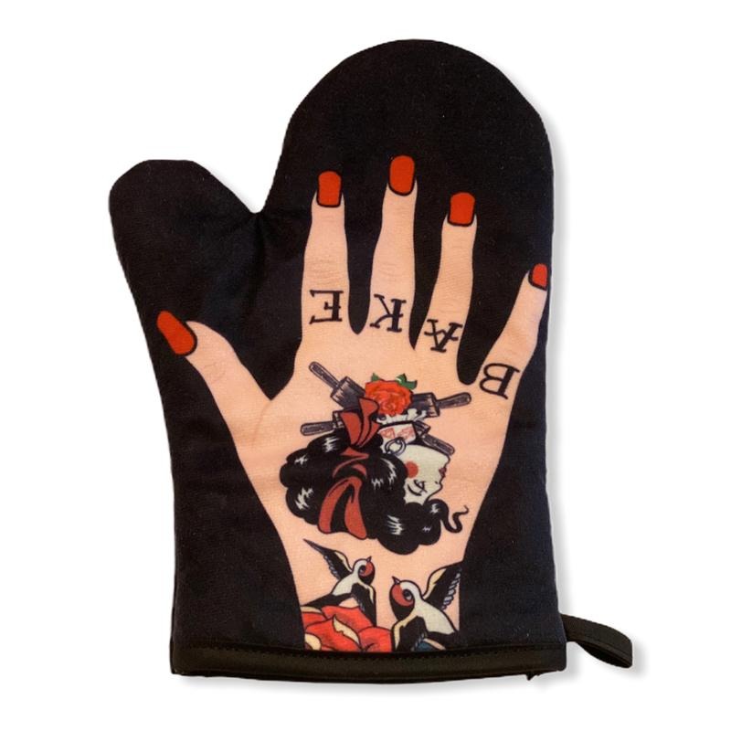 Womens Tattoo Hand Oven Mitt Graphic Novelty Ink Baking Glove Funny Graphic Kitchenwear Funny Food Novelty Cookware Black
