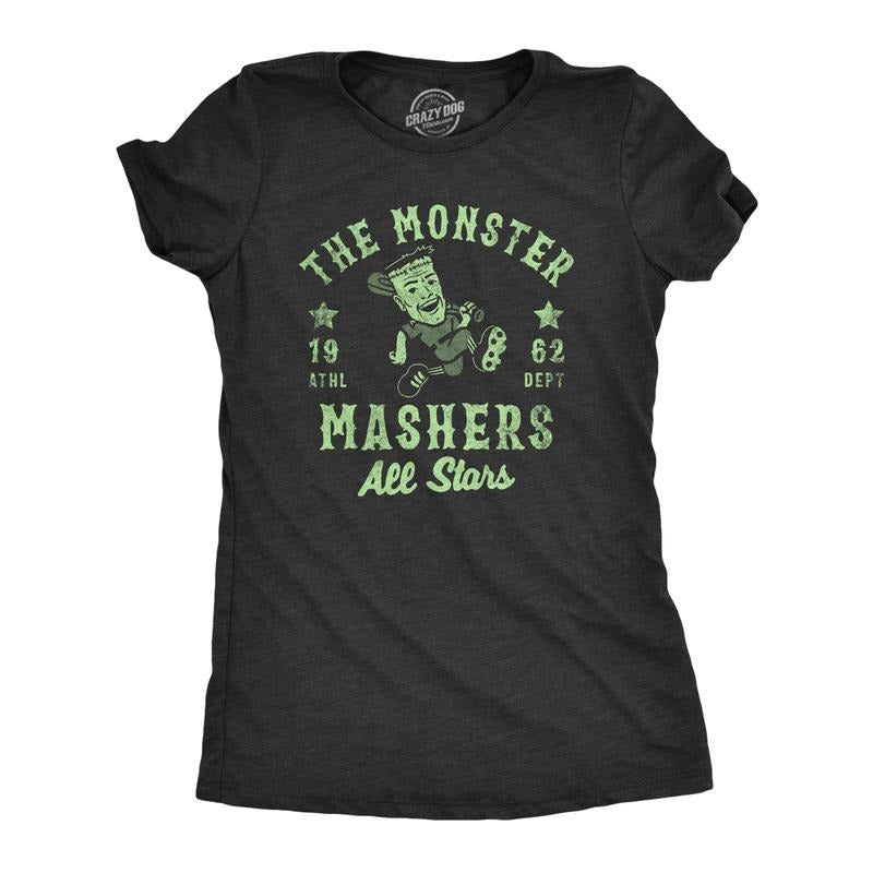 Womens The Monster Mashers All Stars T Shirt Funny Halloween Baseball Team Tee For Ladies Funny Womens T Shirts Cute Slimming Top Comfortable Soft Womenswear Halloween Tops for Women Funny Baseball Black -