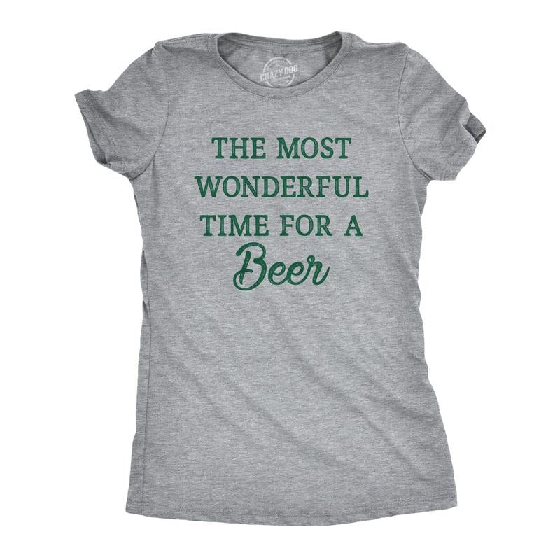 Womens The Most Wonderful Time for A Beer T Shirt Funny Xmas Drinking Ale Lovers Tee for Ladies Funny Womens T Shirts Cute Slimming Top Comfortable Soft Womenswear Christmas Tops for Women Funny Beer Light Grey