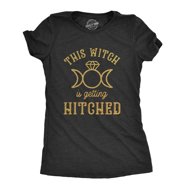 Womens This Witch Is Getting Hitched T Shirt Funny Halloween Wedding Bride Tee Funny Womens T Shirts Cute Slimming Top Comfortable Soft Womenswear Halloween Tops for Women Funny Proposal Top Women's Black -
