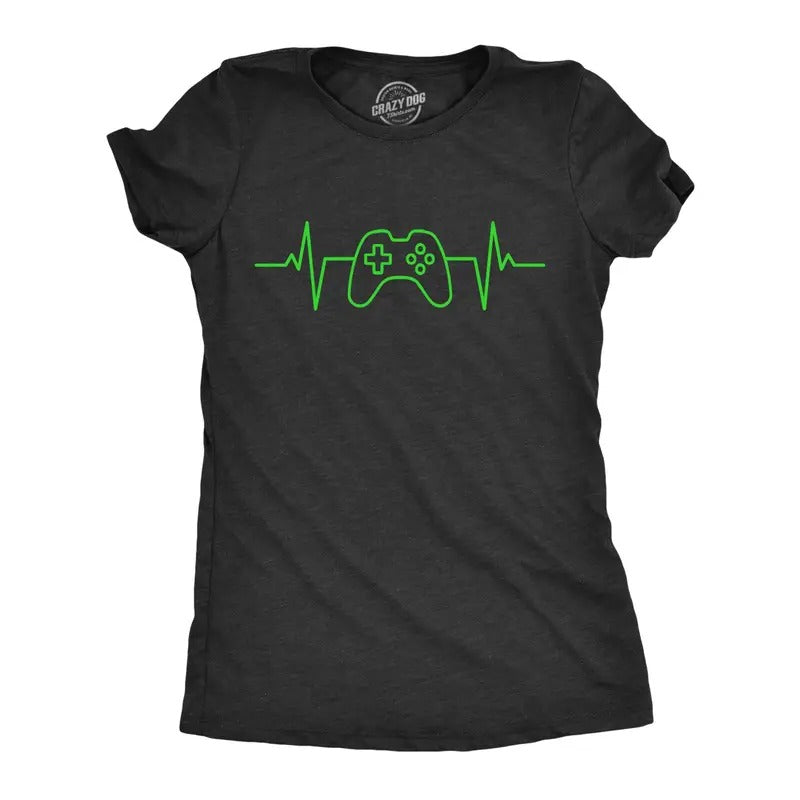 Womens Video Game Heart Beat T Shirt Funny Cool Controller Pulse Monitor Tee For Ladies