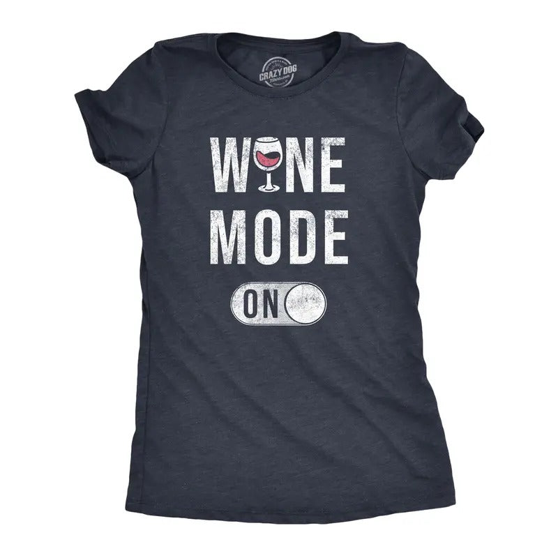 Womens Wine Mode On T Shirt Funny Red White Drinking Lovers Button Joke Tee For Ladies Funny Womens T Shirts Cute Slimming Top Comfortable Soft Womenswear Funny Wine Top Women's Novelty Tees Navy -