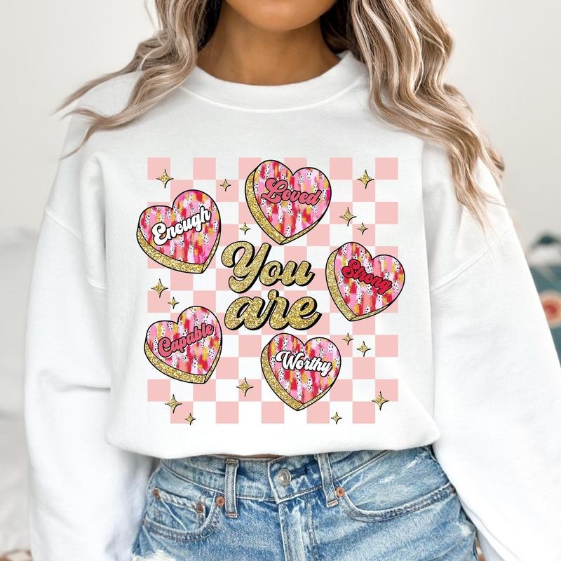You Are Loved Valentines Heart Sweatshirt, Retro Valentine Sweatshirt, Brushstroke Valentine Sweatshirt, Retro Checkered Sweatshirt, Pink Valentine, Glitter
