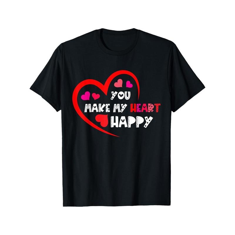 You Make My Heart Happy Men'S T-Shirts, Funny Valentine'S Day Novelty Graphic Printed Tee, Short Sleeve Valentine'S Day Couple T-Shirt for Men Boyfriend Husband 100% Cotton made in usa