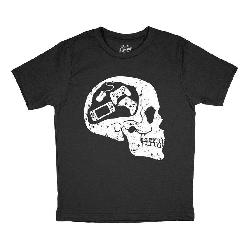 Youth Funny T Shirts Gamer Skull Sarcastic Video Games Graphic Tee for Kids Funny T Shirts Sarcastic Tops for Kid Funny Gamer Short Black -
