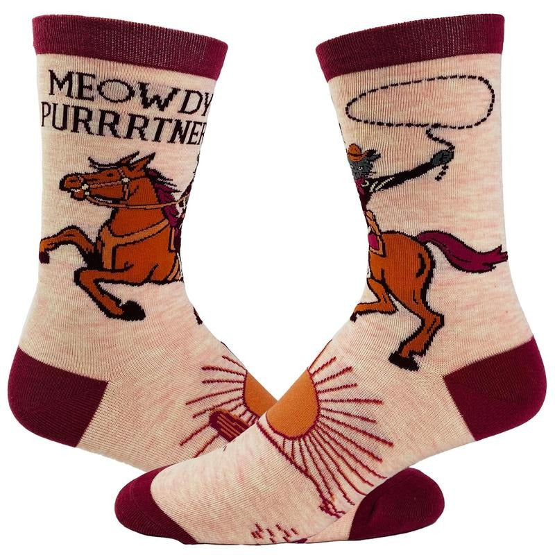 Youth Meowdy Purrtner Socks Funny Howdy Partner Cowboy Cat Novelty Footwear Funny Graphic Socks Comfortable Fitted Spandex Cotton