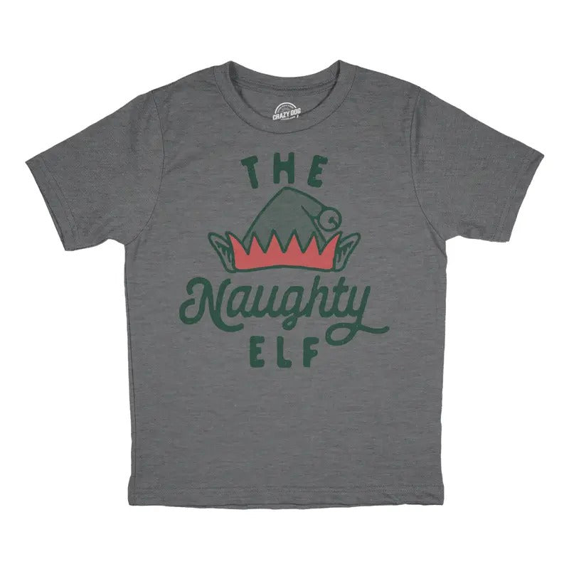 Youth The Naughty Elf T Shirt Funny Bad Behavior Xmas Elves Joke Tee For Kids Funny T Shirts Christmas Tops for Kids Funny Sarcastic Short Sleeve Novelty Tees for Kids Dark Grey