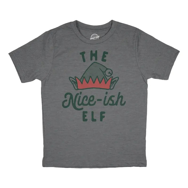 Youth The Nice Ish Elf T Shirt Funny Good Behavior Xmas Elves Joke Tee for Kids Funny T Shirts Christmas Tops for Kid Funny Sarcastic Short Sleeve Novelty Tees for Kids Light Grey