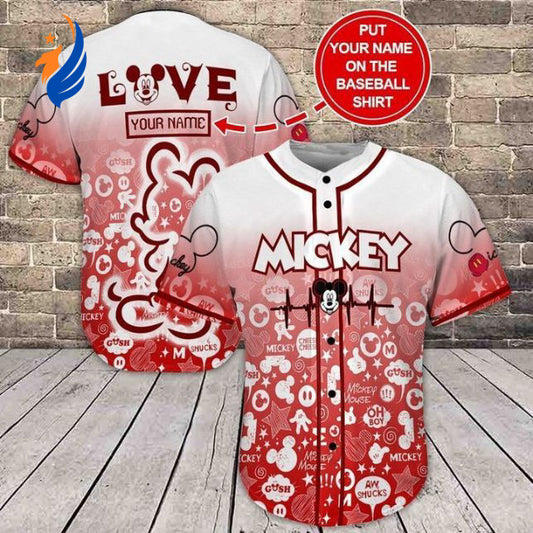 Personalized Mickey Baseball Jersey: Love-themed Gift for Lovers Red & White Design - Bafud