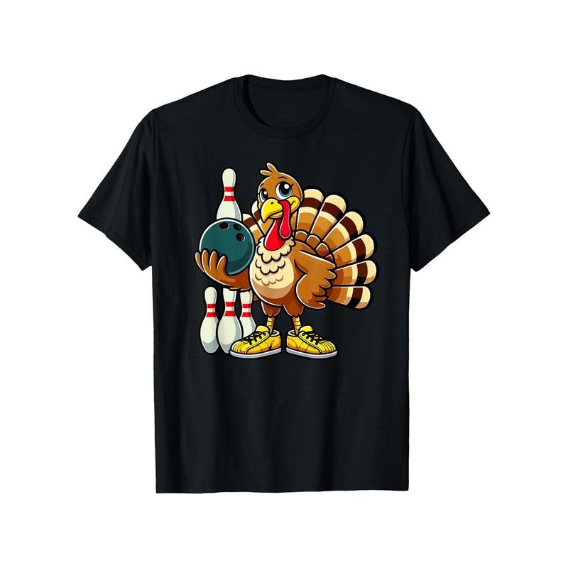 Men'S Casual Crew Neck T-Shirt with Turkey Bowling Graphic, Regular Fit, Knit Fabric, Slight Stretch, 180 g/m2 Cotton for Summer, Daily & Weekend Casual Wear - Black made in usa