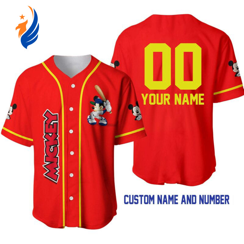 Custom Mickey Mouse Baseball Jersey: Red & Yellow Disney Design – Personalized for True Fans! - Bafud