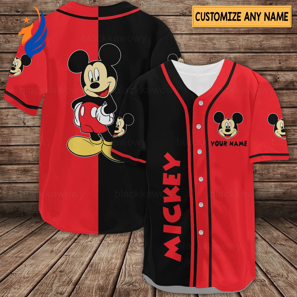 Get Happy with Personalized Mickey Mouse Baseball Jersey - Black Red Design - Bafud