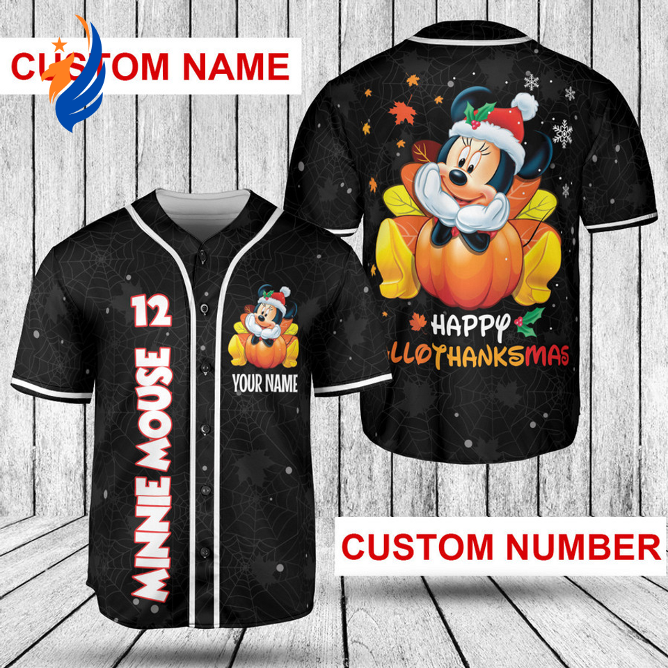 Custom Mickey Mouse Happy Hallothanksmas Baseball Jersey Shirt - Unique Personalized Design for Festive Fun - Bafud