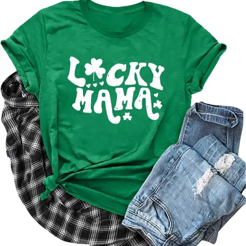 t. Patrick's Day Women's Lucky Mama T-Shirt Clover Graphic Short Sleeve Tops Unisex