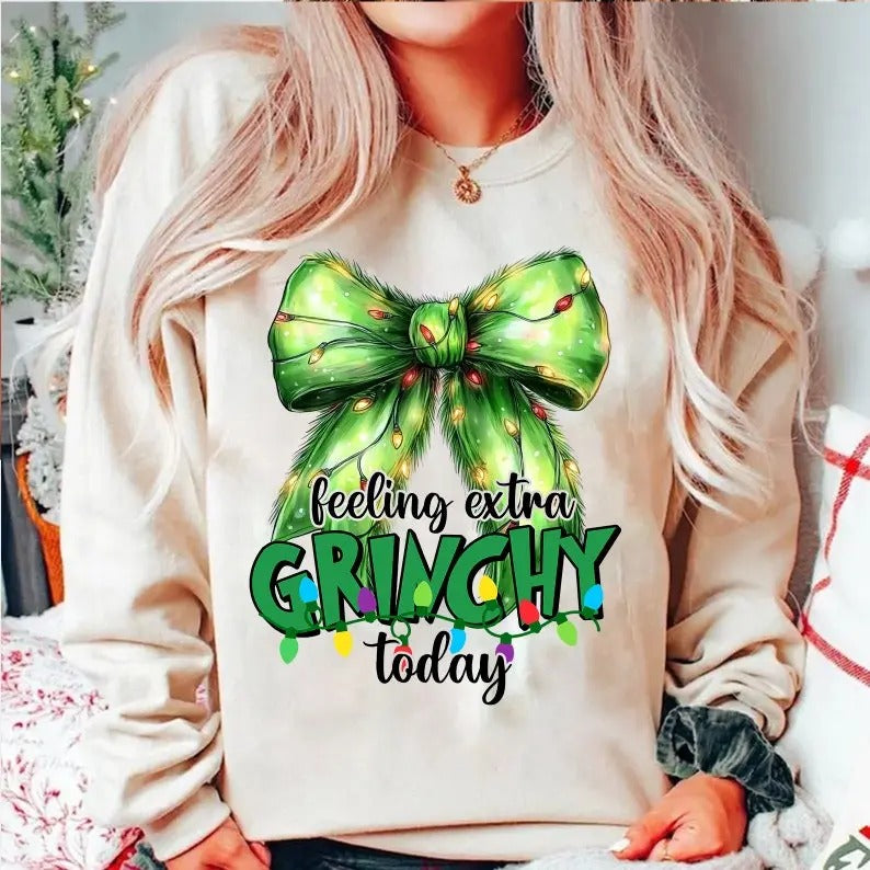 Feeling Extra Grinmas Today sweatshirt/hoodie/tshirt, Grinchmas Coquette Bow hoodie, Grinc Christmas sweatshirt,Retro Christmas hoodie,Christmas
