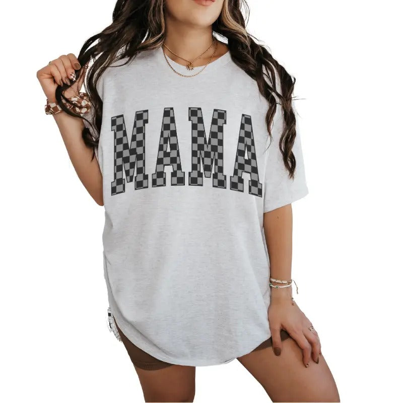 women Checkered Black & Grey Mama Varsity T-Shirt Or Crewneck Sweatshirt Plus Sized Options graphic tees cute shirts Comfort Womenswear