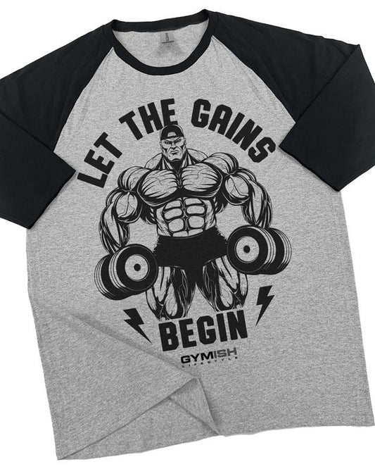 031. RAGLAN Let The Gains Begin Funny Workout Gym T-Shirt for Men