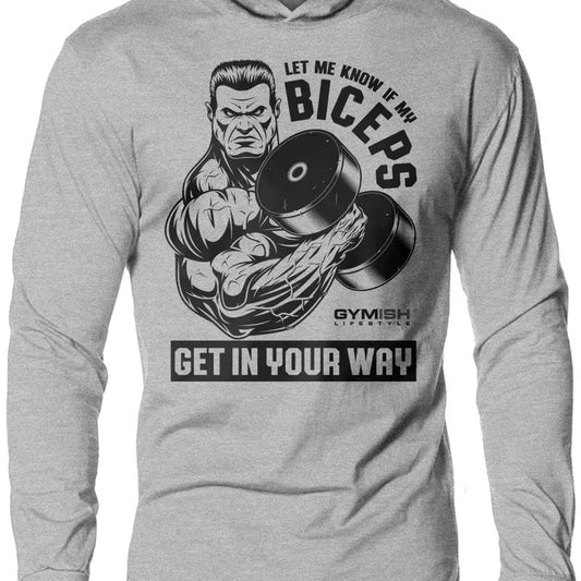 036. Biceps In Your Way Lightweight Workout Long Sleeve Hooded Gym T-shirt for Men Cotton Menswear