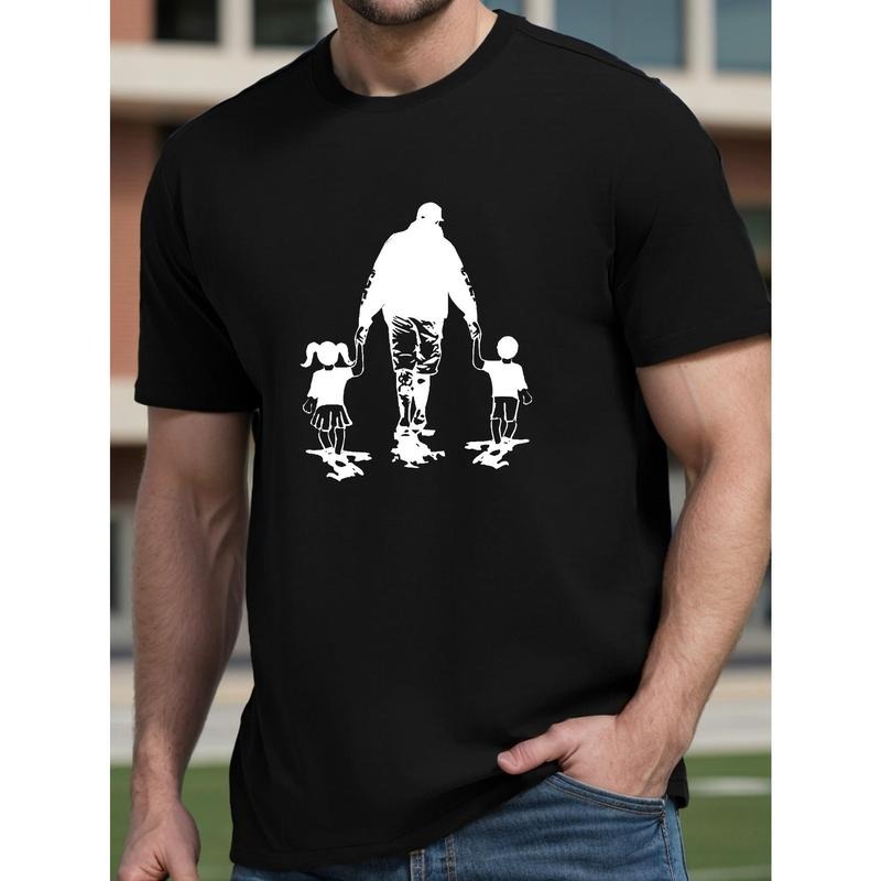 1 pc, 100% cotton T-shirt, Father With Son & Daughter Print Men's Tee, Casual Style, Short Sleeve, Summer T-Shirt, Round Neck, Soft Material Top Made in USA