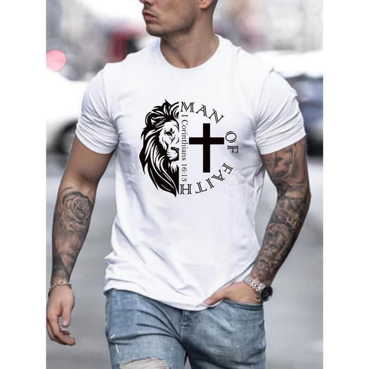 1 pc, 100% cotton T-shirt, Lion And Cross Print Men's Crew Neck Fashionable Short Sleeve Sports T-shirt, Comfortable And Versatile, For Summer And Spring, Athletic Style, Comfort Fit T-Shirt, As Gifts Made in USA
