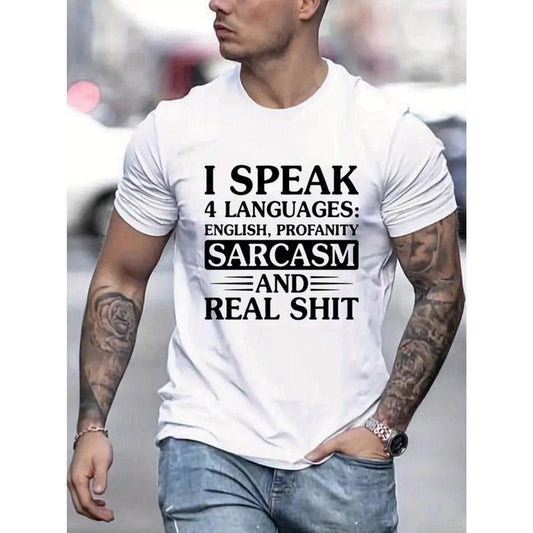 1 pc, 100% cotton T-shirt, Mens Sarcasm Tee - Short Sleeve Cotton Blend, Stretchy & Comfortable, Bold Graphic Prints for Trendy Summer Style, Perfect Casual Daily Wear, crewneck men's printed T-shirt, summer fashion outdoor sports Made in USA