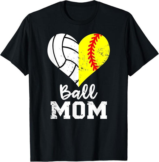 100% Cotton Ball Mom Heart Funny Softball Volleyball Mom T-Shirt
