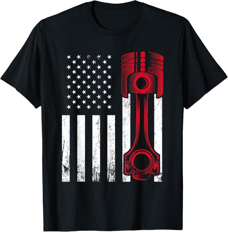 100% Cotton Car Enthusiast - American Flag Piston Muscle Car Gift T-Shirt