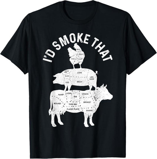 100% Cotton Chef Butcher BBQ I'd Smoke That Pork Beef Funny Father's Day T-Shirtstyle{n002}2
