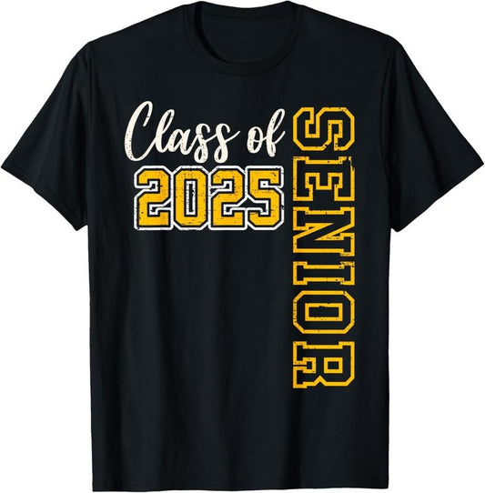 100% Cotton Class of 2025 Senior 25 High School Graduation Black Gold T-Shirt