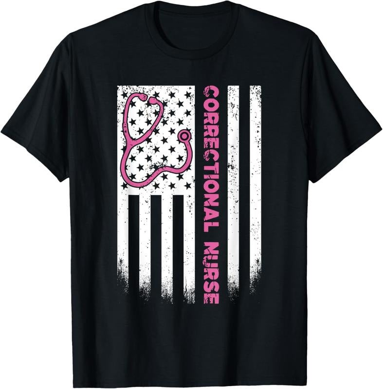 100% Cotton Correctional Nurse American flag US Stethoscope RN Patriotic T-Shirt
