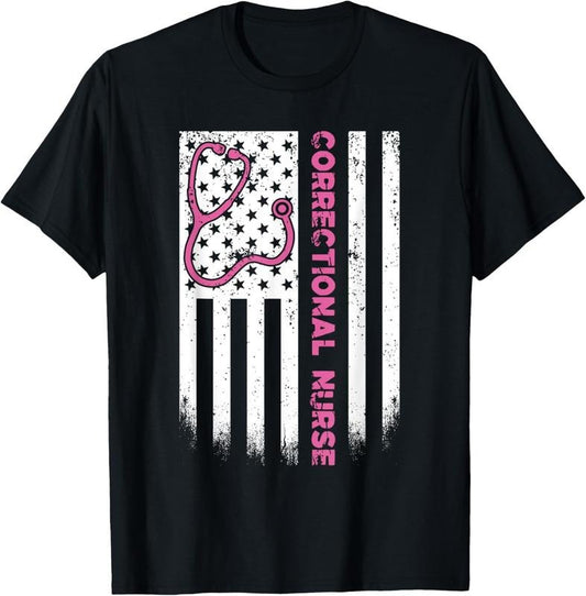 100% Cotton Correctional Nurse American flag US Stethoscope RN Patriotic T-Shirt