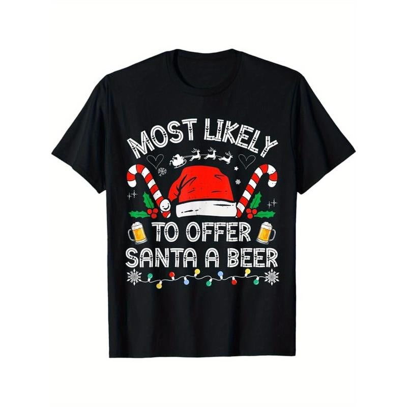100% Cotton Family Matching Men T-Shirt, Most Likely To Offer Santa a Beer, Black, S-XXXL, Gift for Men Dad Friends Made in USA