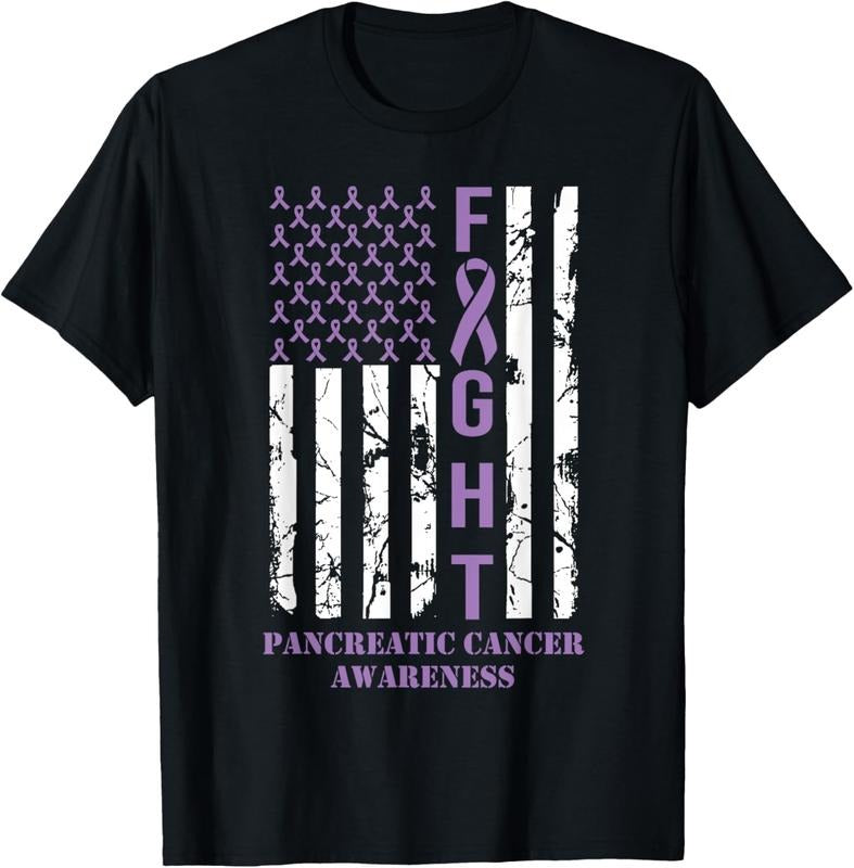 100% Cotton Fight Flag Purple Ribbon Support Pancreatic Cancer Awareness T-Shirt