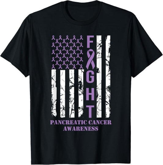 100% Cotton Fight Flag Purple Ribbon Support Pancreatic Cancer Awareness T-Shirt