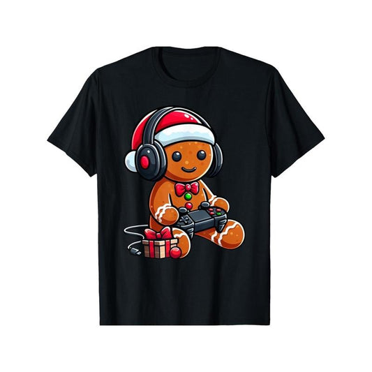 100% Cotton Funny Christmas Gamer Gingerbread Xmas Gaming Men, 180g Men'S Gingerbread Gamer Christmas T-Shirt - 100% Cotton Knit Crew Neck Tee with Gaming Print for Festive Casual Wear, Regular Fit All-Season Top, Slight Stretch made in usa