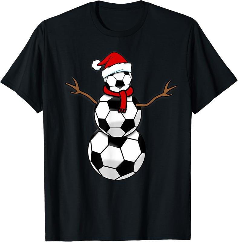 100% Cotton Funny Christmas Soccer Balls Santa Snowman T-Shirt T-Shirt