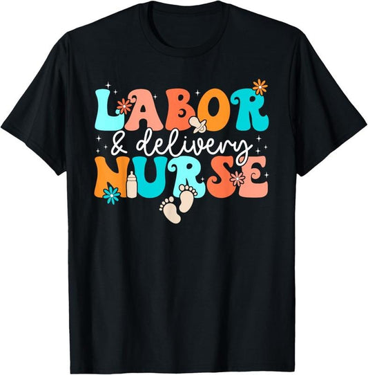 100% Cotton Funny Retro Groovy Labor And Delivery L&D Nurse Squad T-Shirt
