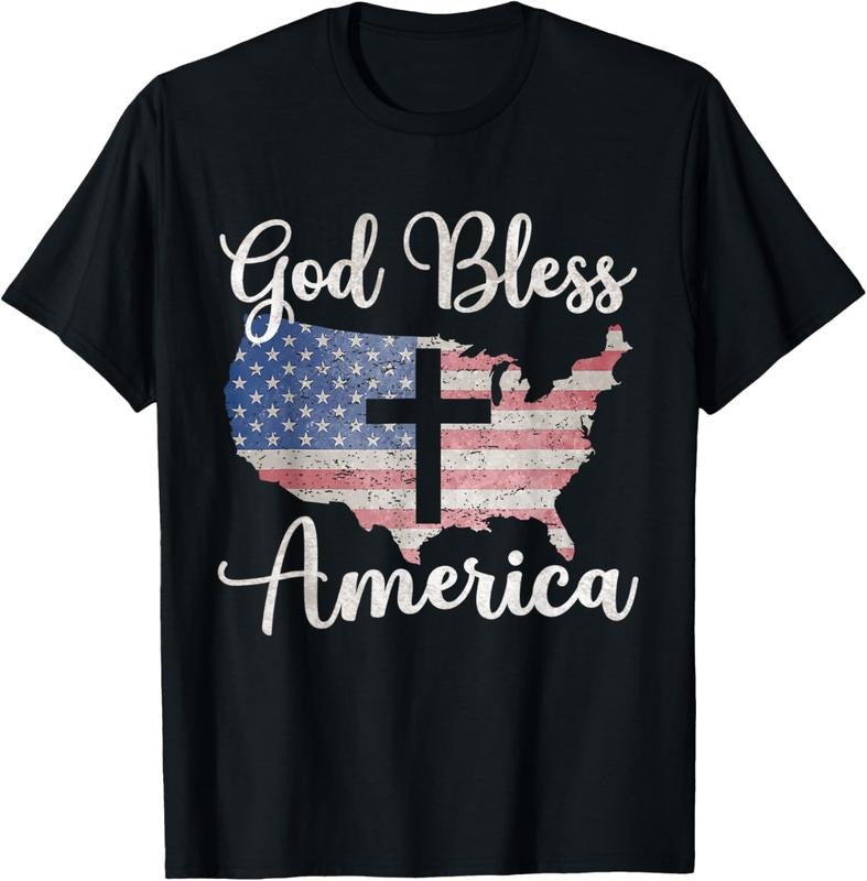 100% Cotton God Bless America 4th Of July Christians Cross God Bless America T-Shirt