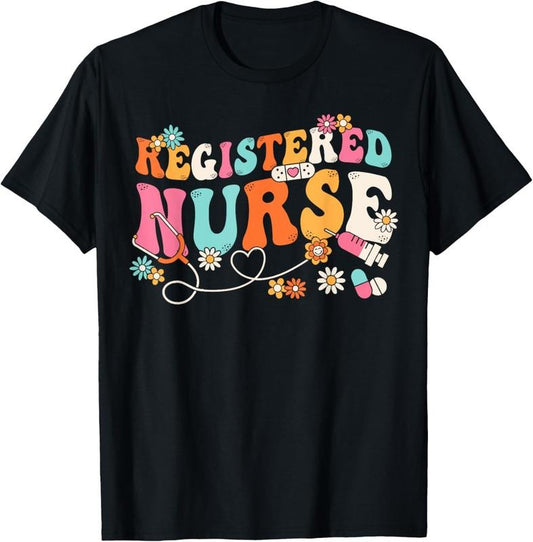 100% Cotton Groovy RN Registered Nurse Week Nursing Stethoscope Cute T-Shirt