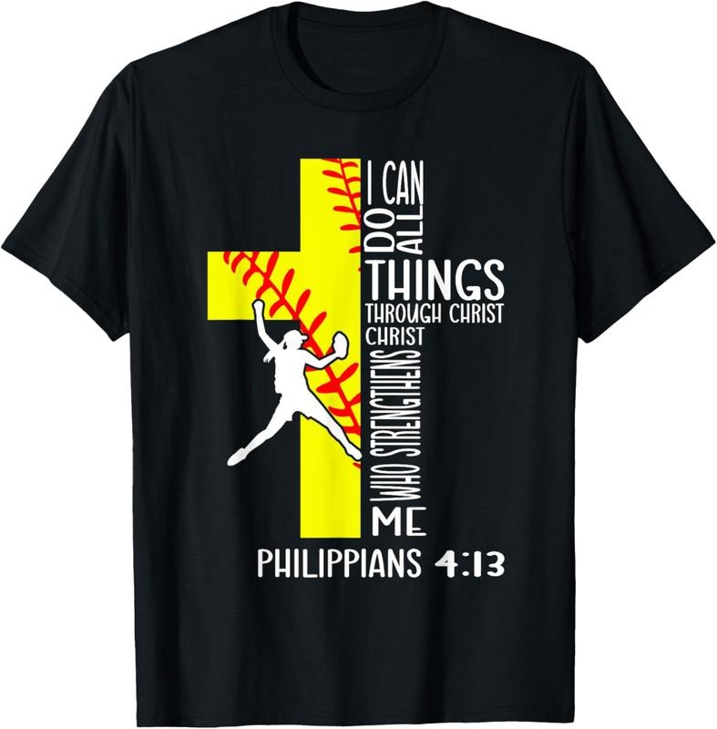 100% Cotton I Can Do All Things Through Christ Softball Christian Bible T-Shirt