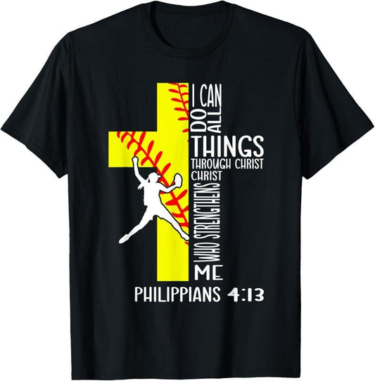 100% Cotton I Can Do All Things Through Christ Softball Christian Bible T-Shirt
