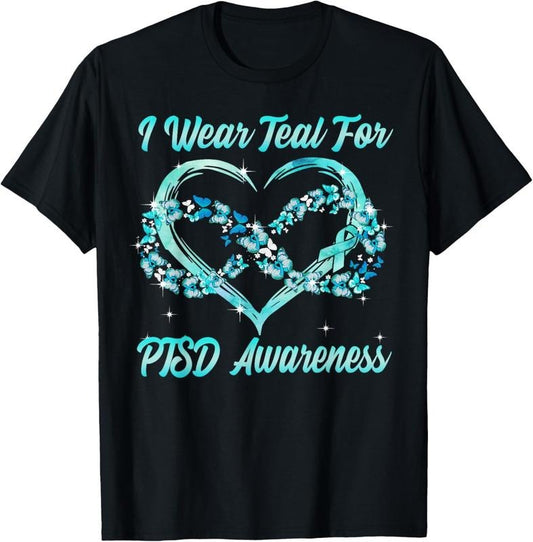 100% Cotton I Wear Teal For PTSD Awareness Heart Butterfly T-Shirt